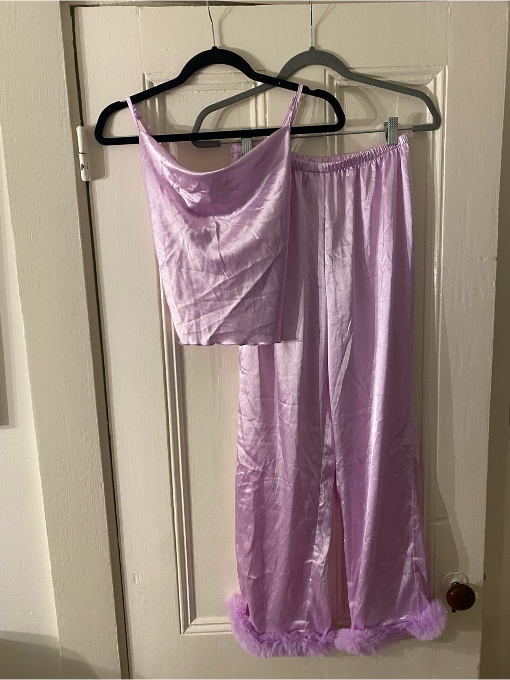 Lavender Satin Camisole & Fur-Trim Lounge Set